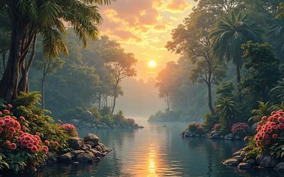 Rainforest, 4k, evening, sunset, jungle, river in the jungle, beautiful river, Rainforests, forest, Asia