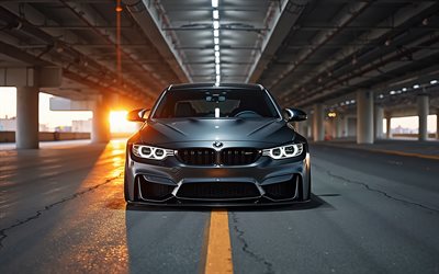BMW M3 F31, front view, BMW M3 stance, BMW M3 tuning, grey BMW M3, stance, evening, sunset, German cars, BMW