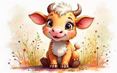 कार्टून बछड़ा, 4k, जल रंग कला, प्यारा जानवर, रचनात्मक, बछड़े, कार्टून जानवर, प्यारा बछड़ा, कलाकृति, बछड़ा