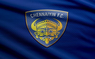 Chennaiyin FC fabric logo, 4k, blue fabric background, ISL, bokeh, soccer, Chennaiyin FC logo, football, Chennaiyin FC emblem, Chennaiyin FC, Indian football club, FC Chennaiyin