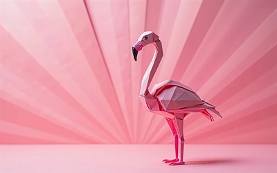 flamenco, 4k, origami, aniamls de dibujos animados, retroceso rosa, arte 3d, animales de origami, flamencos, flamenco de origami, pájaros de origami, minimalismo, flamenco de dibujos animados, flamenco rosa