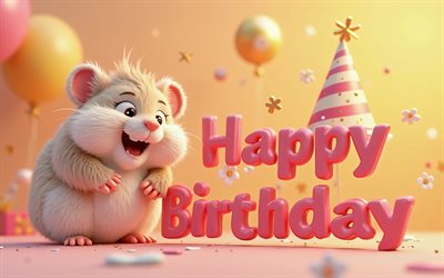 feliz aniversário 3d inscrição, 4k, 3d desenho animado hamster, conceitos de feliz aniversário, hamster engraçado, feliz aniversário, cartão de feliz aniversário