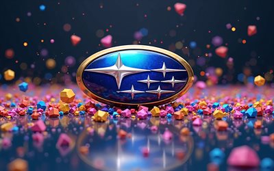 logo 3d subaru, 4k, bokeh, forme geometriche 3d, background astratto scuro, opera d'arte, subaru logo colorato, arte geometrica, logo subaru, marchi di auto, subaru