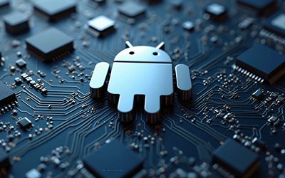 logo blu 3d android, 4k, scheda madre blu scuro, logo android, emblema android, robot android, sfondo tecnologico blu scuro, android, logo android 3d