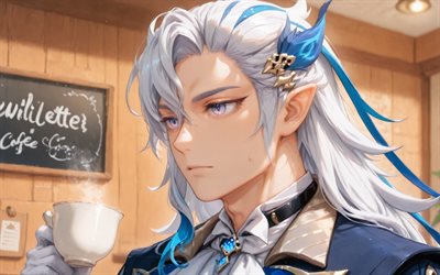 4k, neuvillette, cafetería, violinista, impacto de genshin, de cerca, personajes de anime, obra de arte, personajes de impacto genshin, neuvillette genshin impacto