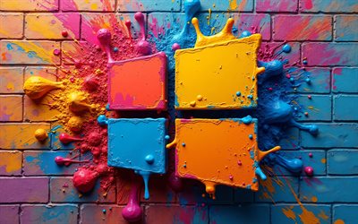 شعار windows 10 3d, 4k, ملون brickwall, بقع الطلاء الملونة, العلامات التجارية, مبدع, شعار os, شعار windows 10, العمل الفني, windows 10