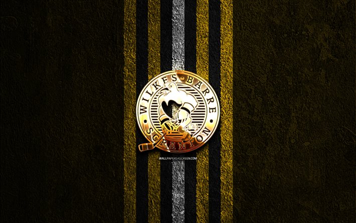شعار ويلكس بار سكرانتون الذهبي, 4k, خلفية الحجر الصفراء, أهل, فريق الهوكي الأمريكي, ويلكس بار سكرانتون شعار, الهوكي, ويلكس بار سكرانتون