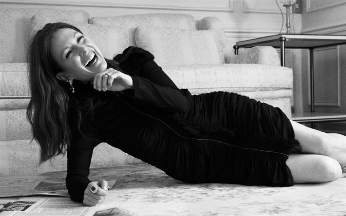 4k, Julianne Moore, american actress, photoshoot, monochrome, black dress, laugh, american star, popular actresses
