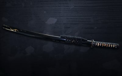 katana, japanskt svärd, svart katana, kantat vapen, svärd, svart vägg, katana på väggen