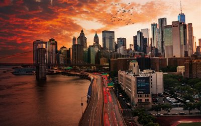 4k, nova york, sunset, skyline cityscapes, brooklyn bridge, semáforos, edifícios modernos, cidades americanas, skyscrapers, nova york panorama, one world trade center, nova york cityscape, eua