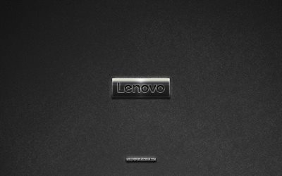 lenovo logo, grey stone background, lenovo emblem, manufacturers logos, lenovo, manufacturers brands, lenovo metal logo, texture en pierre