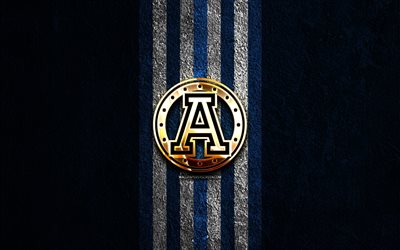 Toronto Argonauts golden logo, 4k, blue stone background, CFL, canadian football team, Toronto Argonauts logo, canadian football, Toronto Argonauts
