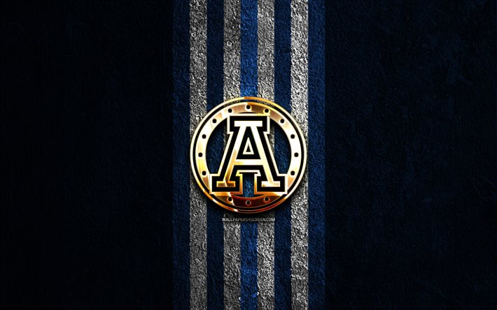 شعار تورنتو أرجونوتس الذهبي, 4k, خلفية الحجر الأزرق, cfl, فريق كرة القدم الكندي, شعار تورنتو أرغونوتس, كرة القدم الكندية, تورنتو أرجونوتس