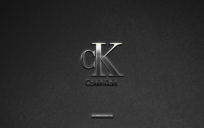 calvin klein logo, grey stone background, calvin klein emblem, fabricants logos, calvin klein, fabricants brands, calvin klein metal logo, texture en pierre