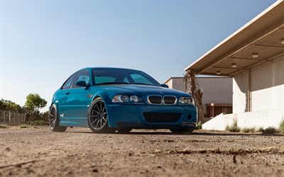BMW M3, E46, blue sports coupe, front view, exterior, blue BMW M3, tuning, BMW E46, BMW M3 tuning, German cars, BMW
