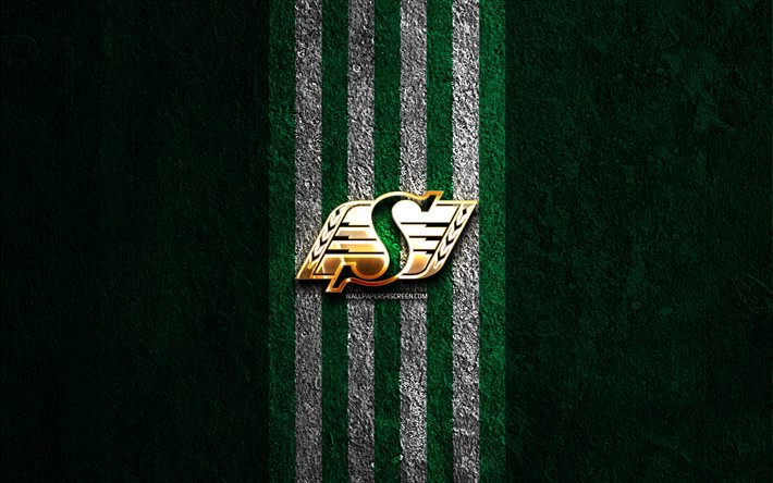Saskatchewan Roughriders golden logo, 4k, green stone background, CFL, canadian football team, Saskatchewan Roughriders logo, canadian football, Saskatchewan Roughriders