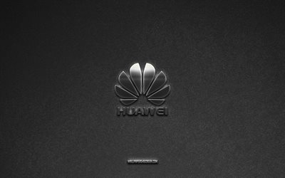 huawei -logotyp, grå stenbakgrund, huawei emblem, tillverkarens logotyper, huawei, tillverkarmärken, huawei metal logo, stone texture