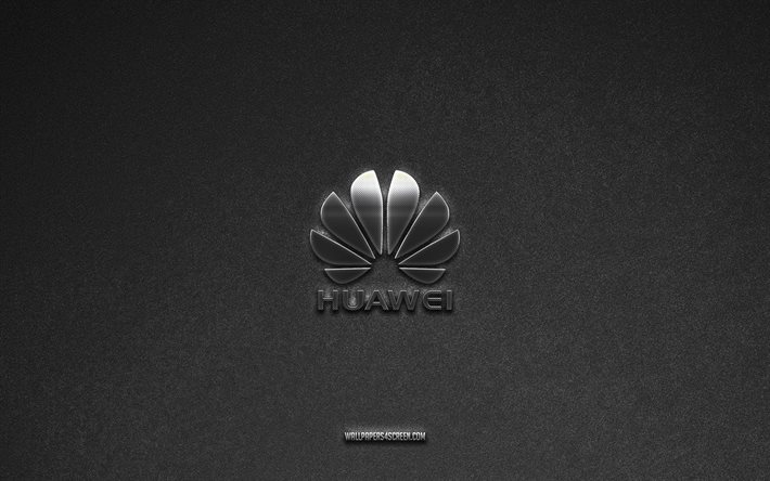 logotipo huawei, fundo de pedra cinza, emblema da huawei, logotipos de fabricantes, huawei, marcas de fabricantes, logotipo de metal huawei, textura de pedra