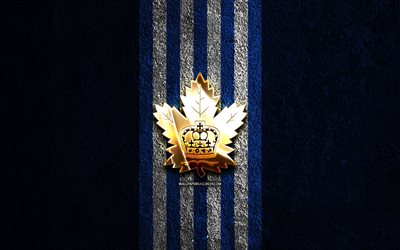 toronto marlies golden logo, 4k, blue stone background, ahl, american hockey team, toronto marlies logo, hockey, toronto marlies