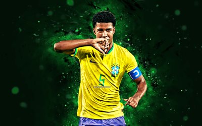 andrey santos, 4k, luci al neon verde, brasile national team, calcio, calciatori, background astratto verde, team di calcio brasiliana, andrey santos 4k