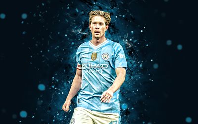 Kevin De Bruyne, 4k, Manchester City FC, blue neon lights, Premier League, belgian footballers, soccer, Kevin De Bruyne 4K, blue abstract background, football, Man City, Kevin De Bruyne Manchester City