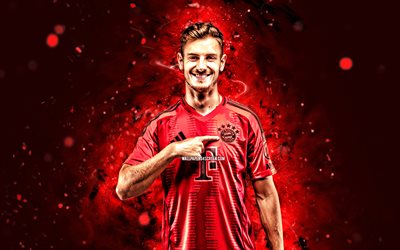 josip stanisic, 4k, luci al neon rossa, bayern monaco fc, bundesliga, calciatori croati, josip stanisic 4k, calcio, background astratto rosso, josip stanisic bayern monaco monaco