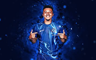 jadon sancho, 4k, luci al neon blu, chelsea fc, premier league, calcio, calciatori inglesi, jadon sancho 4k, sfondo astratto blu, jadon sancho chelsea