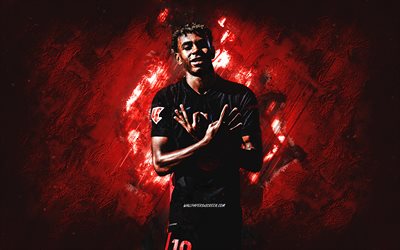 lamine  jamali, fc barcelona, espanjalainen jalkapalloilija, muotokuva, viininpunainen kivitausta, grunge  taide, la liga, katalonia, jalkapallo, black barcelona 2025 univormut