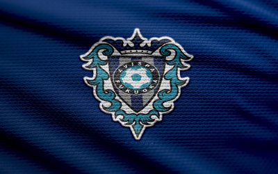 avispa fukuoka fabric logo, 4k, blå tygbakgrund, j1 league, bokhög, fotboll, avispa fukuoka  logotyp, avispa fukuoka emblem, avispa fukuoka, japansk fotbollsklubb, avispa fukuoka fc