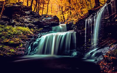 wasserfall, herbst, gelbe bäume, herbstlandschaft, wasserfälle, see