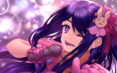 Ai Hoshino, 4k, concert, Oshi no Ko, manga, purple eyes, Oshi no Ko manga series, artwork, Hoshino Ai, protagonist, microphone, Ai Hoshino Oshi no Ko