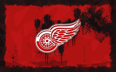 디트로이트 레드 윙스 그 룬지 로고, 4k, nhl, 붉은 그런지 배경, 하키, 디트로이트 레드 윙스 엠블럼, 디트로이트 레드 윙스 로고, 아메리칸 하키 클럽, 디트로이트 레드 윙스