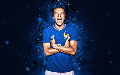 Kylian Mbappe, 4k, Euro 2024, blue neon lights, France National Football Team, soccer, footballers, blue abstract background, French football team, FFF, Kylian Mbappe 4K