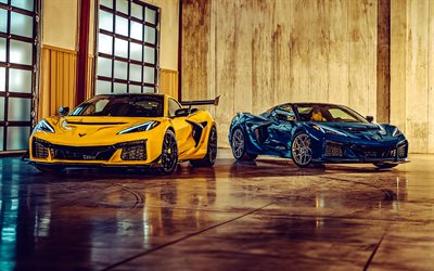 2025, chevrolet corvette zr1, 4k, frontansicht, äußerlich, corvette c8, neue gelbe corvette, blaue corvette, amerikanische sportwagen, chevrolet