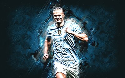 Erling Haaland, Manchester City FC, blue stone background, Premier League, England, football, Norwegian football player