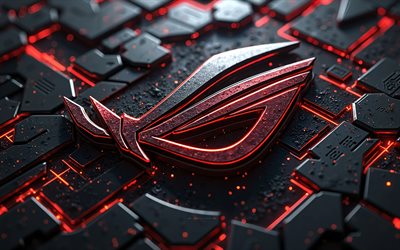 4k, rog red metal logo, kreativ, schwarzer hi tech hintergrund, republik der spieler, mikrocircuits, leiter, marken, rog metal logo, bokeh, logo der republik gamers, asus rog, rog  logo, rog
