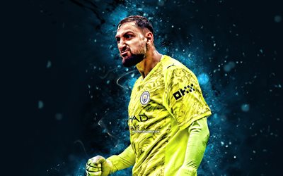 gianluigi donnarumma, 4k, luces neones azules, manchester city fc, liga premier, futbolistas italianos, gianluigi donnarumma 4k, fútbol americano, fútbol, manchester city, gianluigi donnarumma manchester city