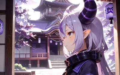 laplus, 4k, 일본 성, 가상 youtuber, 봄, 홀로 리브, vtuber, 보라색 눈, la darknesss, 만화, laplus 채널, laplus 가상 youtuber