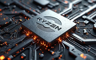 4k, ryzen metal logo, bokeh, orangefarbener blick, schwarzer hi tech hintergrund, mikrocircuits, leiter, os  marken, amd ryzen, kreativ, ryzen  logo auf mikrocircuit, marken, ryzen 3d  logo, kunstwerk, ryzen logo, ryzen