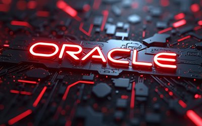 4k, oracle red glitter logo, kreativ, schwarzer hi tech hintergrund, mikrocircuits, leiter, softwaremarken, bokeh, oracle  logo auf mikrocircuit, marken, oracle 3d  logo, kunstwerk, oracle logo, orakel