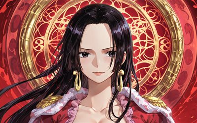 4k, boa hancock, kırmızı soyut arka plan, tek parça, altın süsler, korsan imparatoriçe, tek parça karakterler, kuja korsanları, manga, boa hancock tek parça