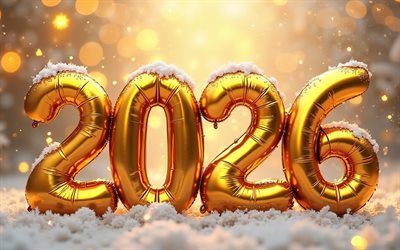 2026 hyvää uutta vuotta, 4k, lumi, 2026 kulta 3d  numerot, hyvää uutta vuotta 2026, 2026 uusi vuosi, 2026 käsitteet, puhallettavat 2026 ilmapalloa