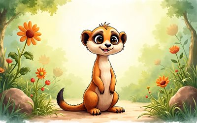 4k, meerkat, अमूर्त प्रकृति, जल रंग कला, प्यारा जानवर, पेंट आर्ट, रचनात्मक, द मीरकैट्स, कार्टून जानवर, प्यारा meerkat, कलाकृति, कार्टून मेर्काट