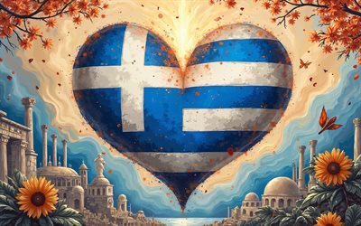 4k, I Love Greece, grunge art, old cityscape background, creative, Day of Greece, flag of Greece, heart with greek flag, 3D hearts, greek flag, Greece, Love for Greece