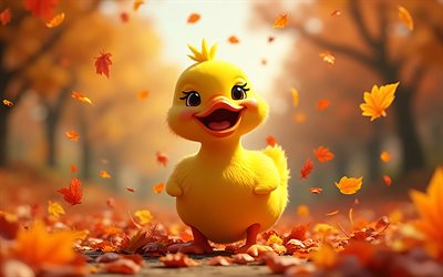 4k, pato de desenho animado, outono, cair da folha, birds 3d animados, bokeh, pássaros felizes, pato 3d, animais felizes, birds 3d, pato, pássaros de desenho animado, patos