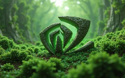 logo di stone nvidia, 4k, bokeh, giungla, background di ecologia verde, marchi elettronici, logo nvidia 3d, creativo, logo nvidia, nvidia