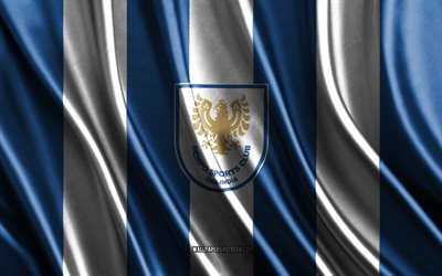 4k, logotipo de dempo sc, i league, textura de seda blanca azul, bandera dempo sc, club de fútbol indio, fútbol, bandera de seda, dempo sc emblema, india, dempo sc insignia, dempo sc