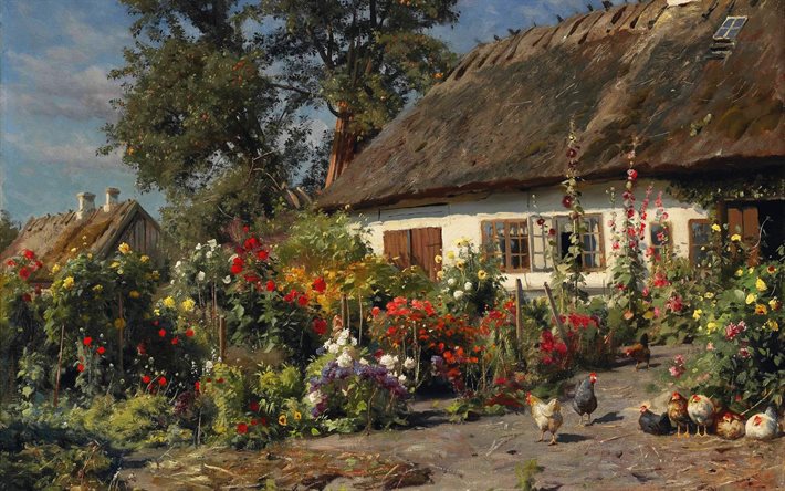 विंडोज, मुर्गियों, पौधा, यूक्रेनी गांव, हठ, तस्वीर