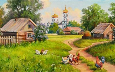 kylä, ortodoksiset kirkot, kulta, piirretty kylä, kultaiset kupolit