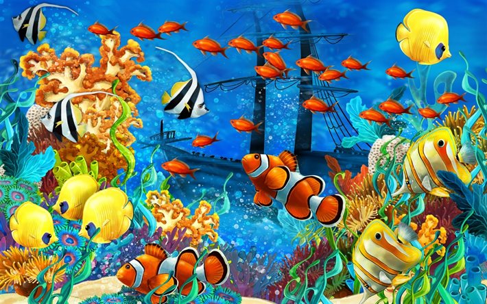 undervattensvärld, clownfisk, marina fiskar, olika fiskar, ribki-klon
